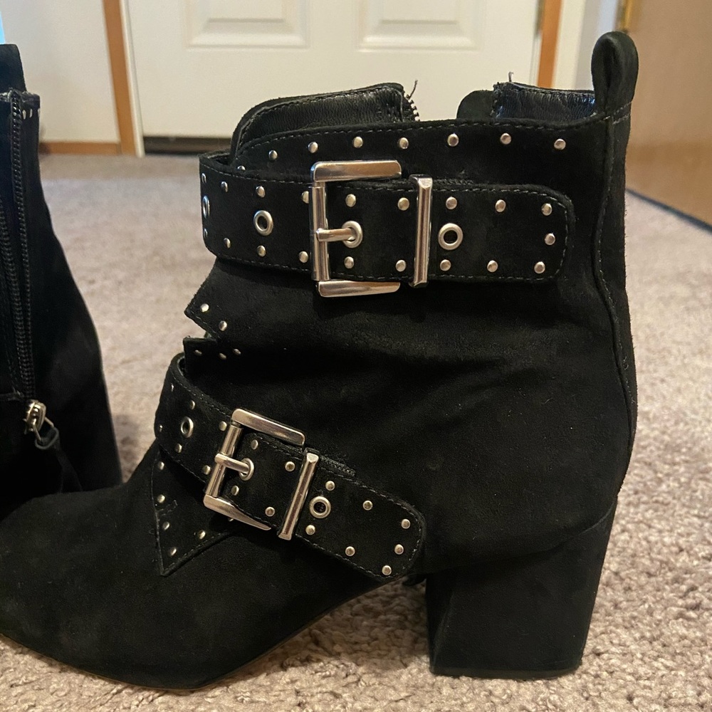 Rebecca Minkoff buckle suede booties.